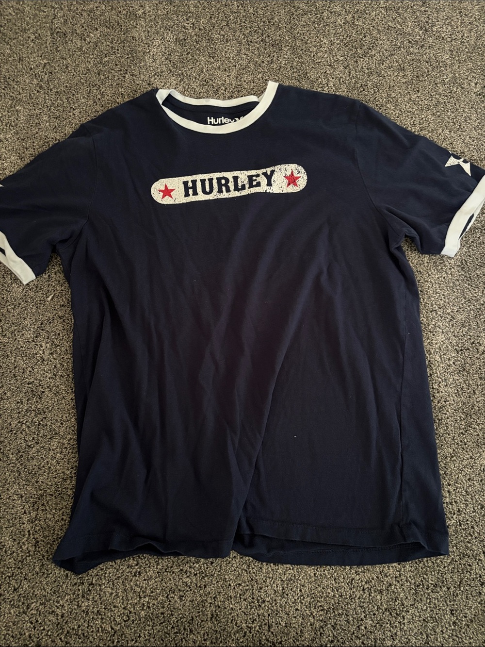 Hurley Navy and White Short Sleeve Ringer Tee with Red Star Detail